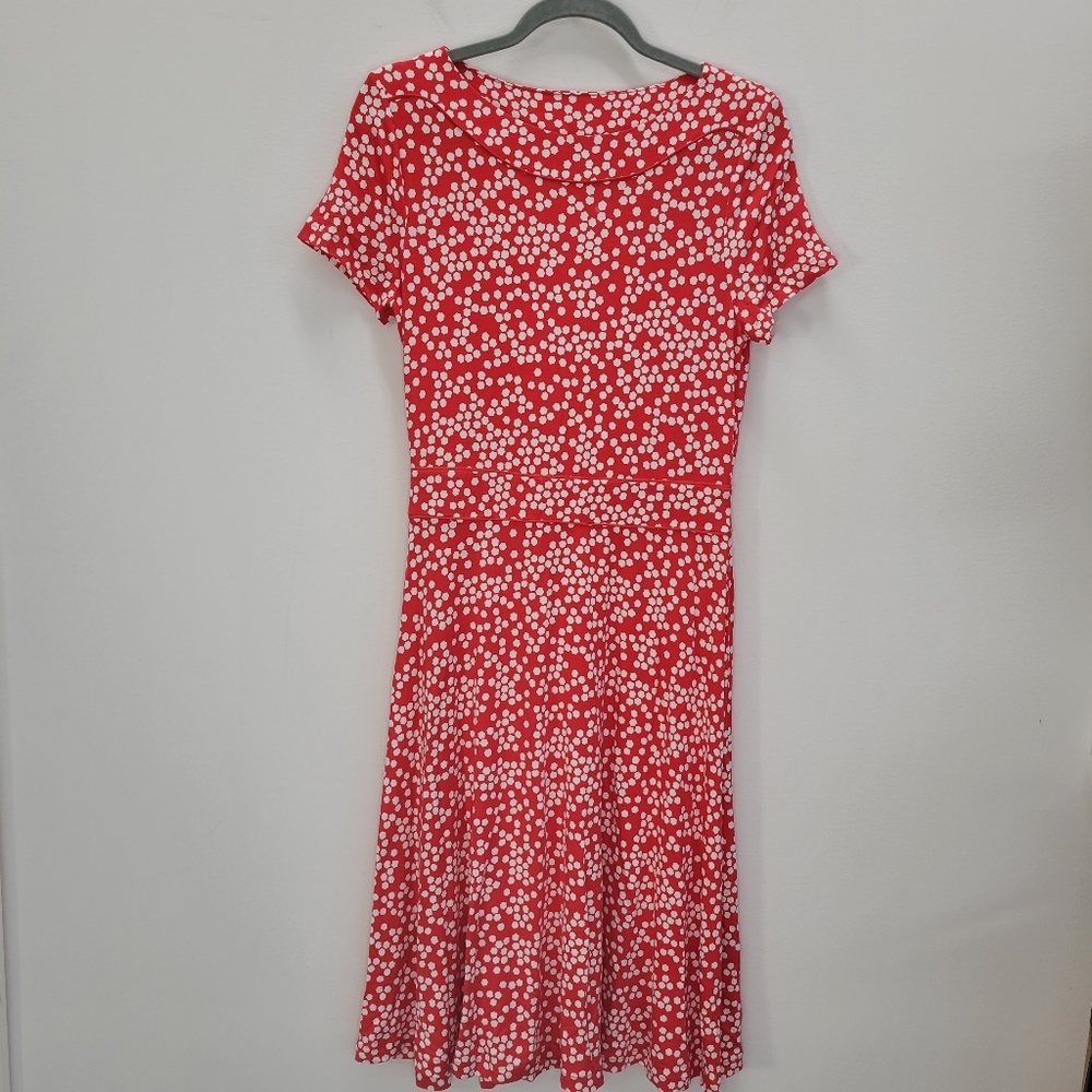Boden Jersey Midi Dress Red Floral Hexagon Print Scoop Neck Short Sleeve Size 8
